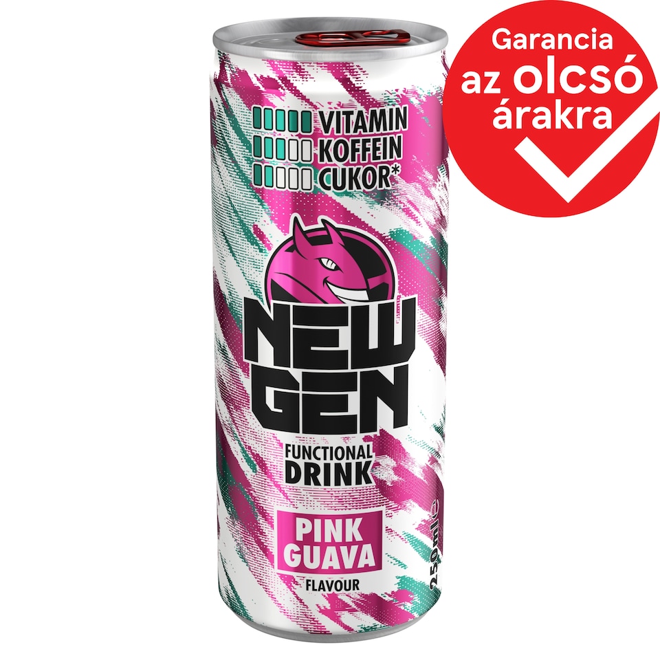 New Gen rózsaszín guava- és tuttifruttiízű, koffeintartalmú, szénsavas, alkoholmentes ital 250 ml