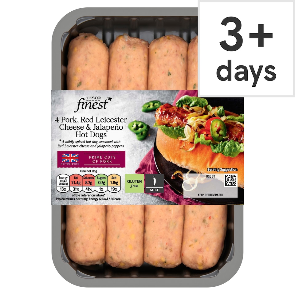 Tesco Finest 4 Pork Cheese & Jalapeno Hot Dogs 400G