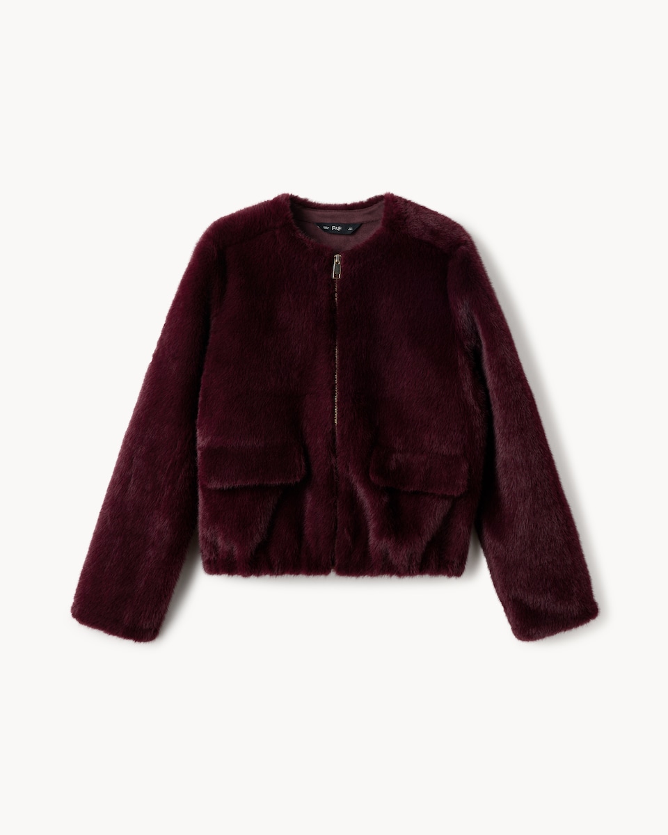 image 1 of F&F Faux Fur Zip Up Short Jacket in Purple