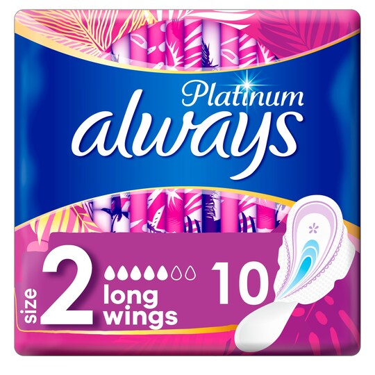 Always Platinum Long Size 2 Sanitary Towels With Wings 10 Tesco Groceries