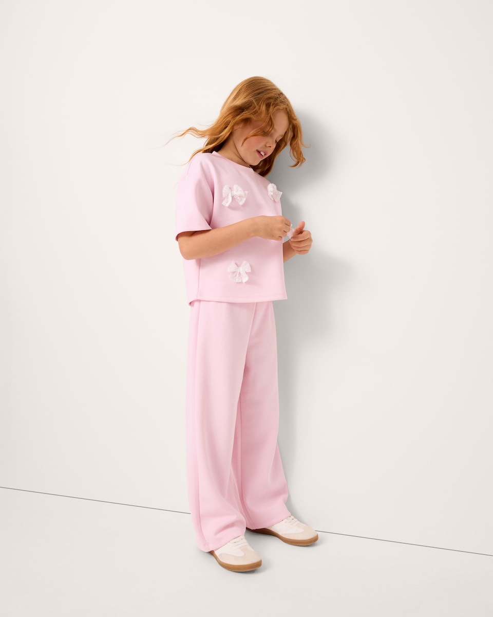 image 1 of F&F Girls Bow Detail Top and Joggers Set in Pink