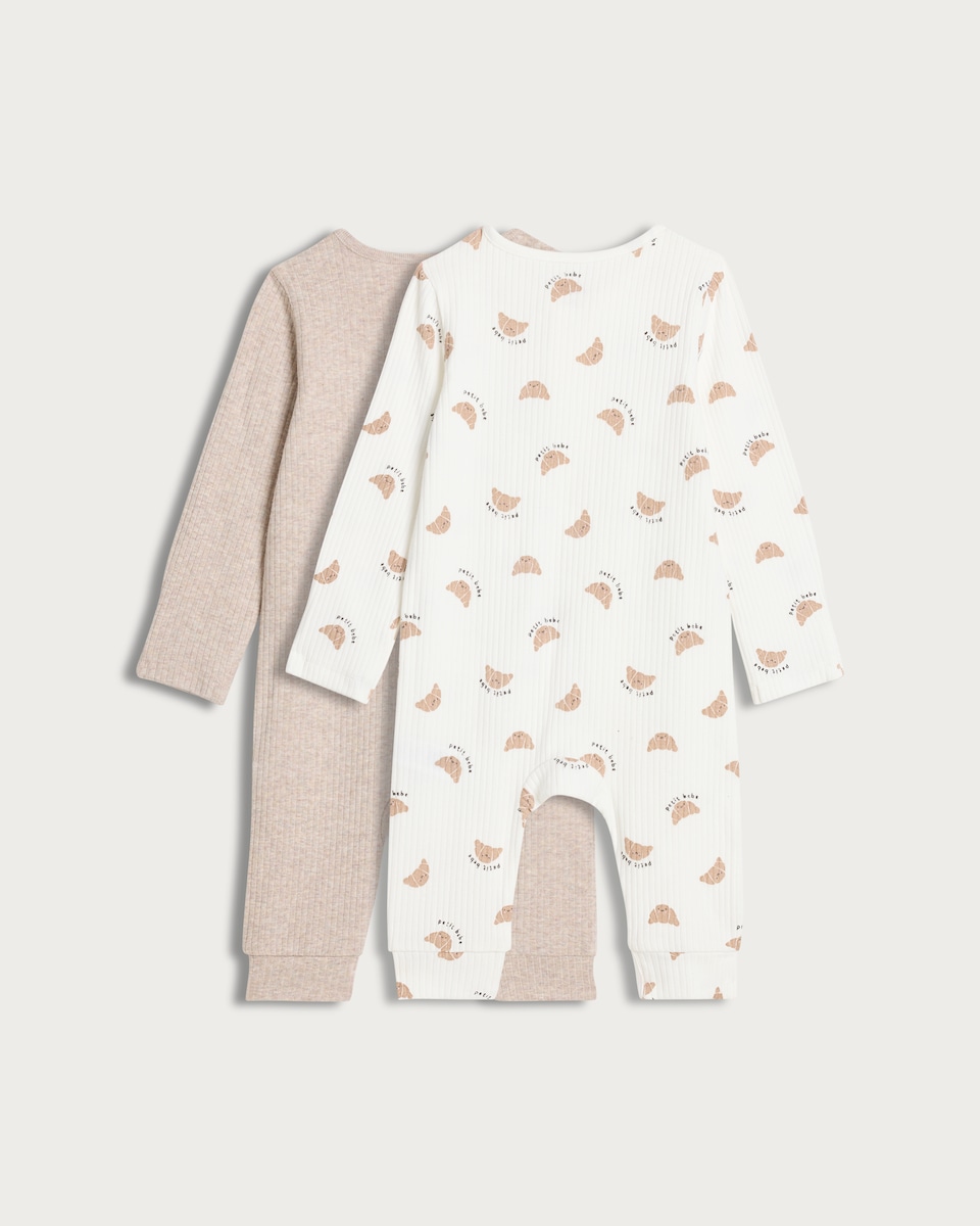 image 1 of F&F Baby 2-Pack Cotton Rich Ribbed Long Sleeved Sleepsuits in White