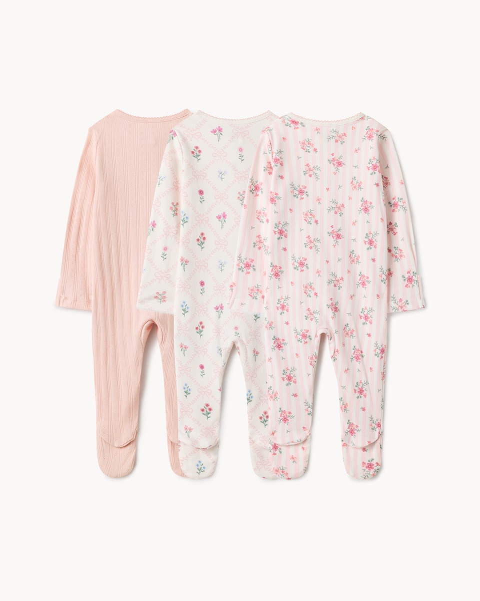 image 1 of F&F Baby 3-Pack Pure Cotton Printed Sleepsuits in Pink