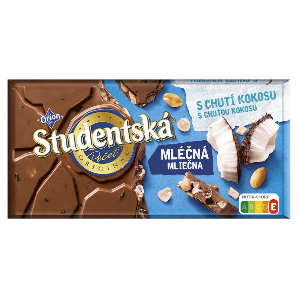 ORION STUDENTSKÁ PEČEŤ mléčná čokoláda s arašídy, želé a kousky s chutí kokosu 170g