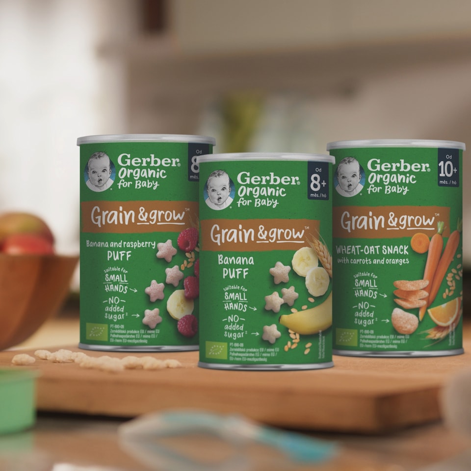 Gerber bio banános és málnás gabonasnack, 8 hónapos kortól 7 g  1. kép