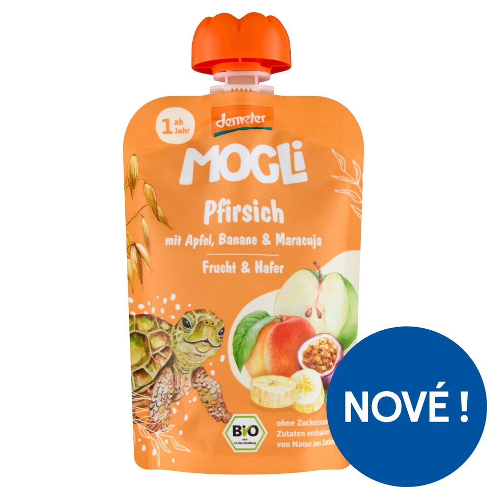 Mogli Bio broskvová kapsička s jablkem, banánem, marakujou a ovesnými vločkami 100g