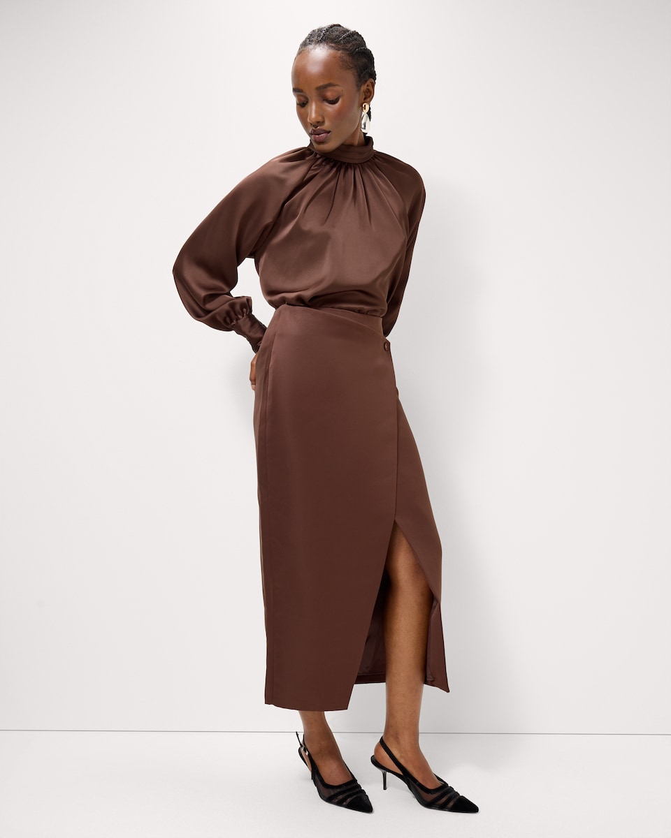 image 1 of F&F Satin High Neck Blouse in Tobacco