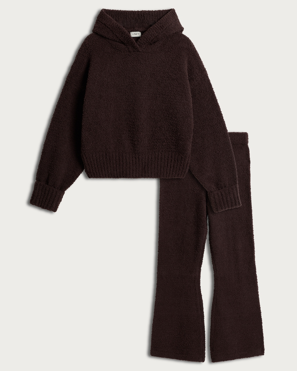 image 1 of F&F Girls 2-Piece Cosy Knitted Hoodie and Trousers Set in Brown