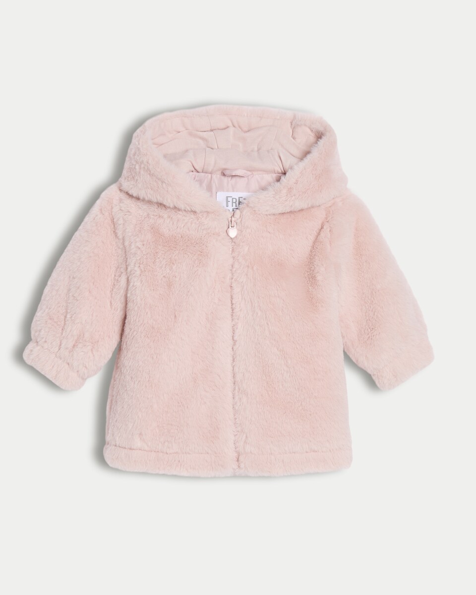 image 1 of F&F Baby Faux Fur Bear Ears Hooded Jacket in Pink