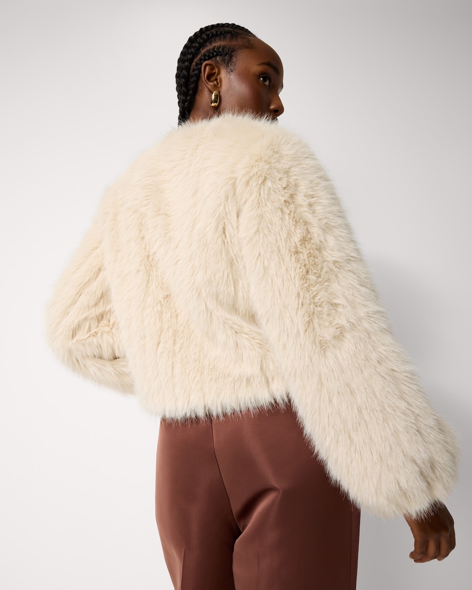 image 1 of F&F Faux Fur Collarless Jacket in Cream