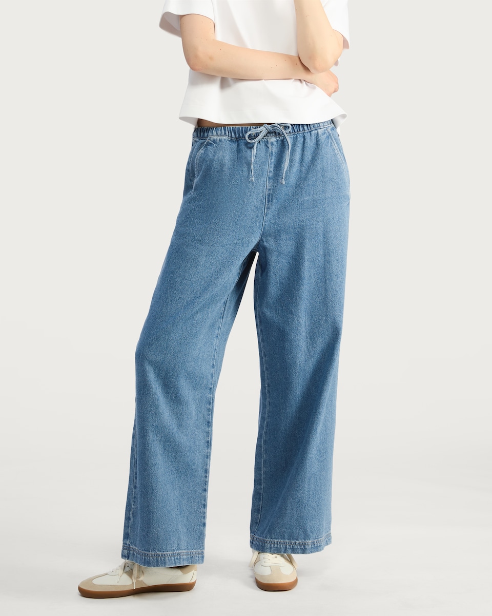 image 1 of F&F Wide Leg Tie Waist Jeans in Blue