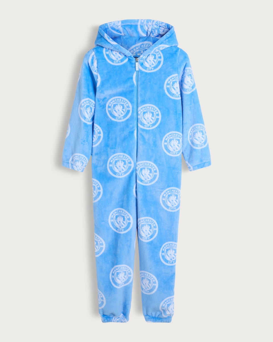 image 1 of Manchester City Fleece Zip Through Onesie in Multi