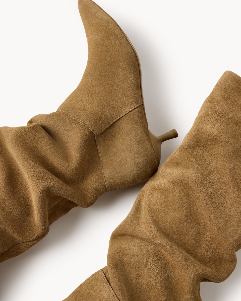 image 1 of SACHA Suede Knee High Slouchy Boots in Tan