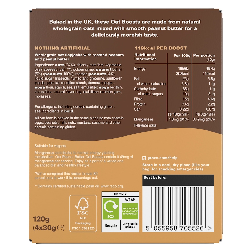 image 1 of Graze Peanut Butter Oat Boosts Flapjack Snack 4x30G