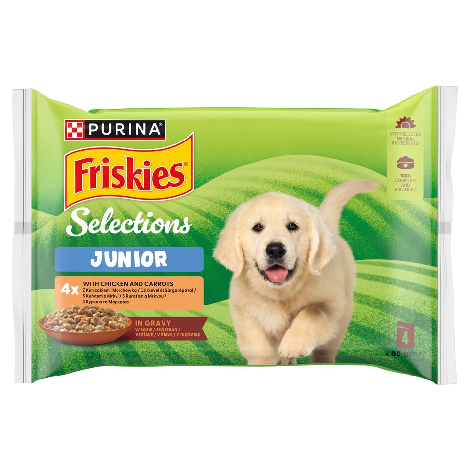 Purina Friskies Junior csirkével és sárgarépával szószban nedves kutyaeledel 4 x 85 g
