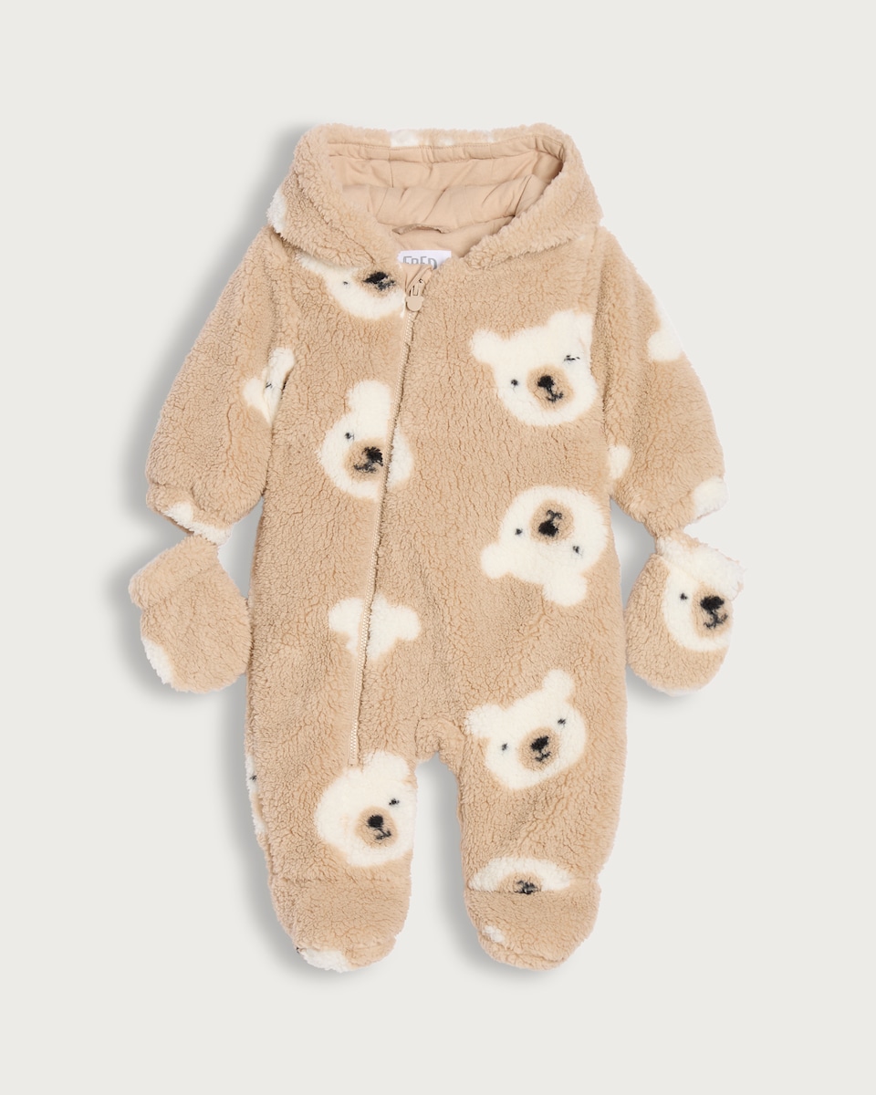 image 1 of F&F Baby Teddy Bear Print Pramsuit in Brown