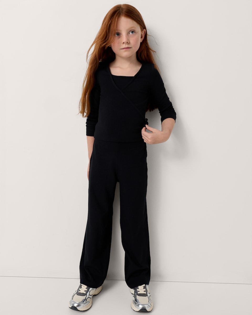 image 1 of F&F Active Girls Ribbed Wrap Top and Trousers Set in Black