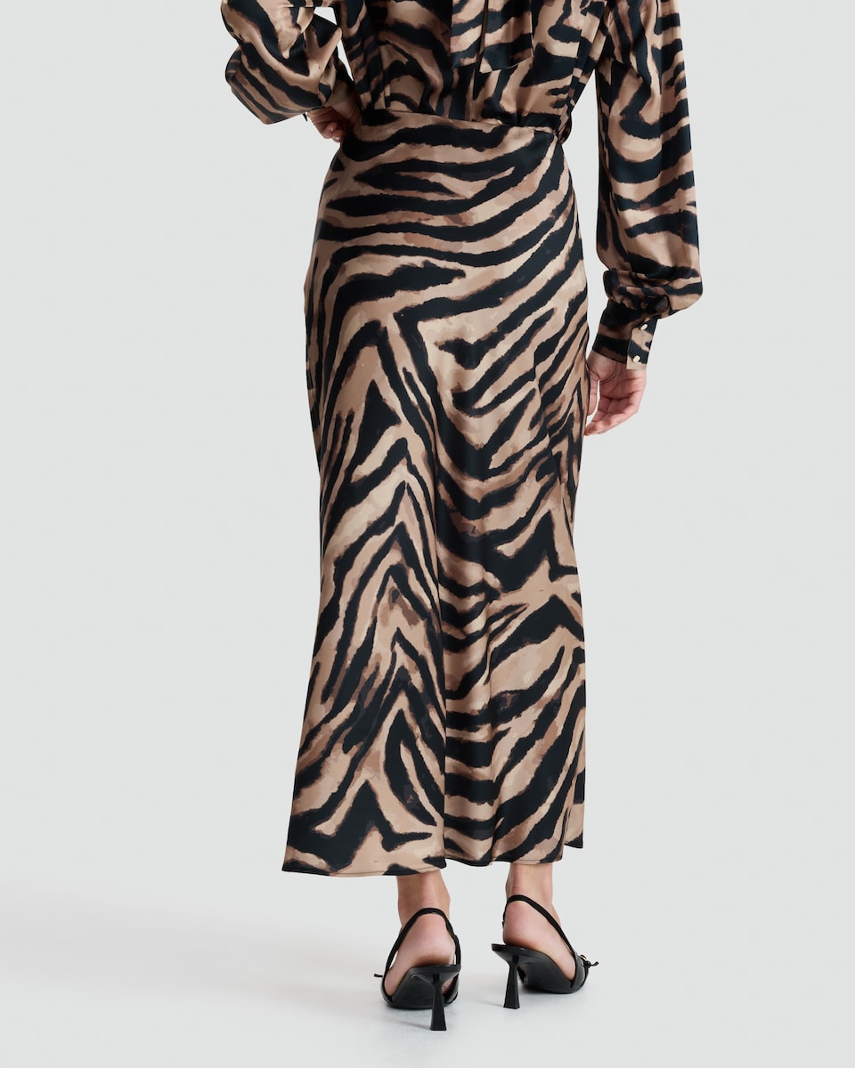 image 1 of F&F Satin Zebra Print Midi Skirt in Multi Brown