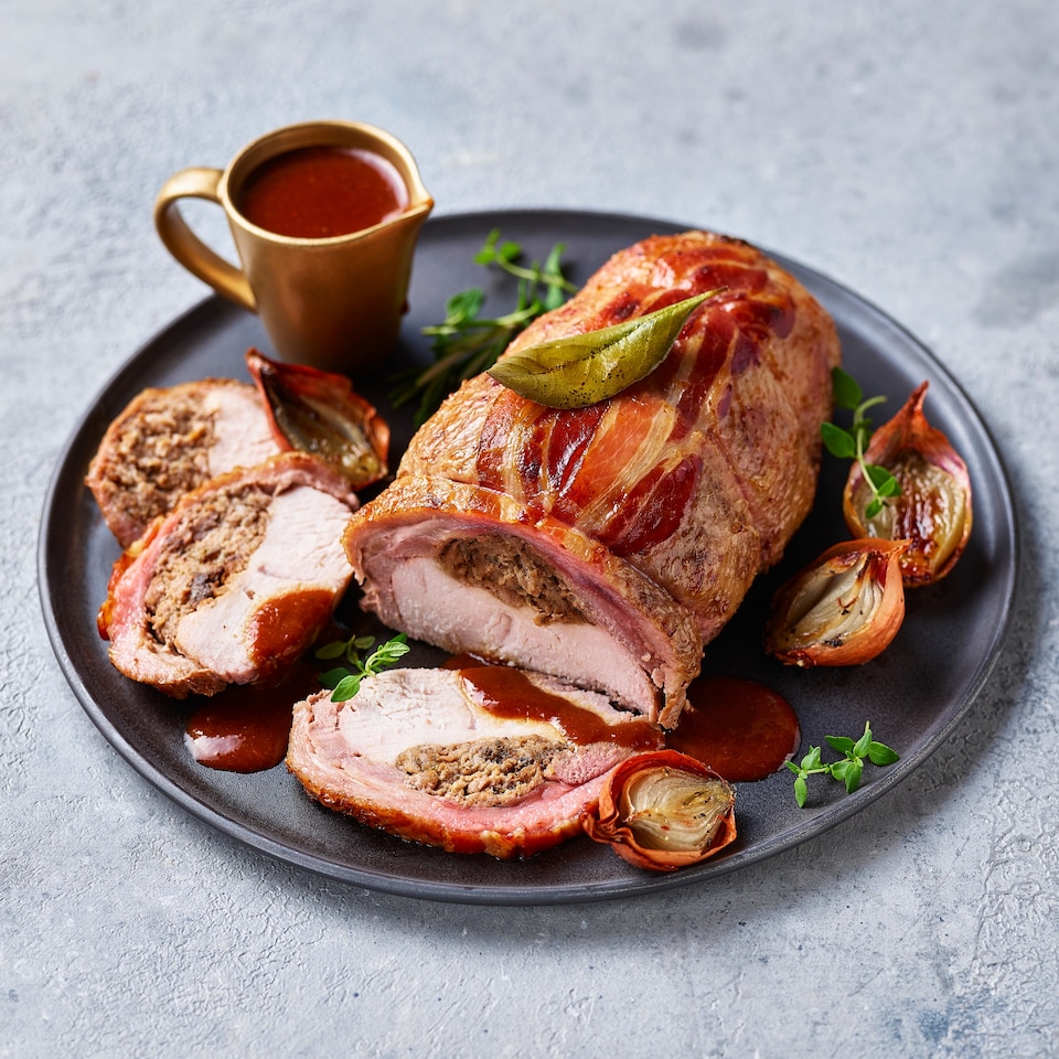 image 1 of 36. Tesco Finest Slow Cooked Two Bird Roast with a Pork, Duck & Plum Stuffing 1.1kg (Serves 4)
