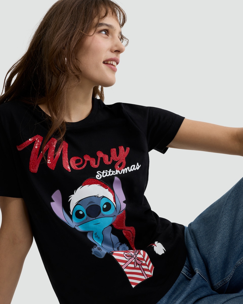 image 1 of Disney Stitch Merry Stitchmas Slogan Pure Cotton T-Shirt in Black