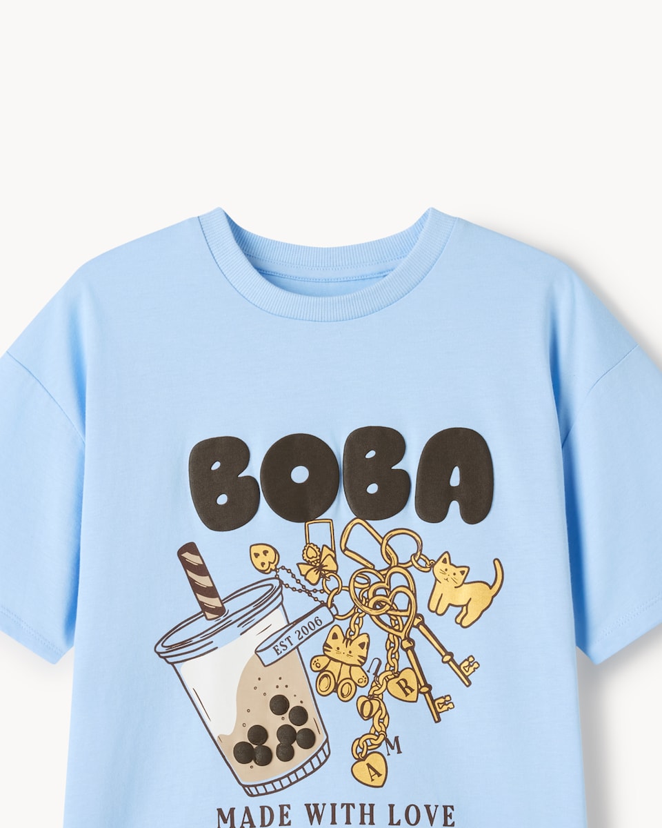 image 1 of F&F Girls Pure Cotton Boba T-Shirt in Blue