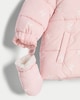image 3 of F&F Baby Bow Print Shower Resistant Puffer Jacket with Mittens in Pink