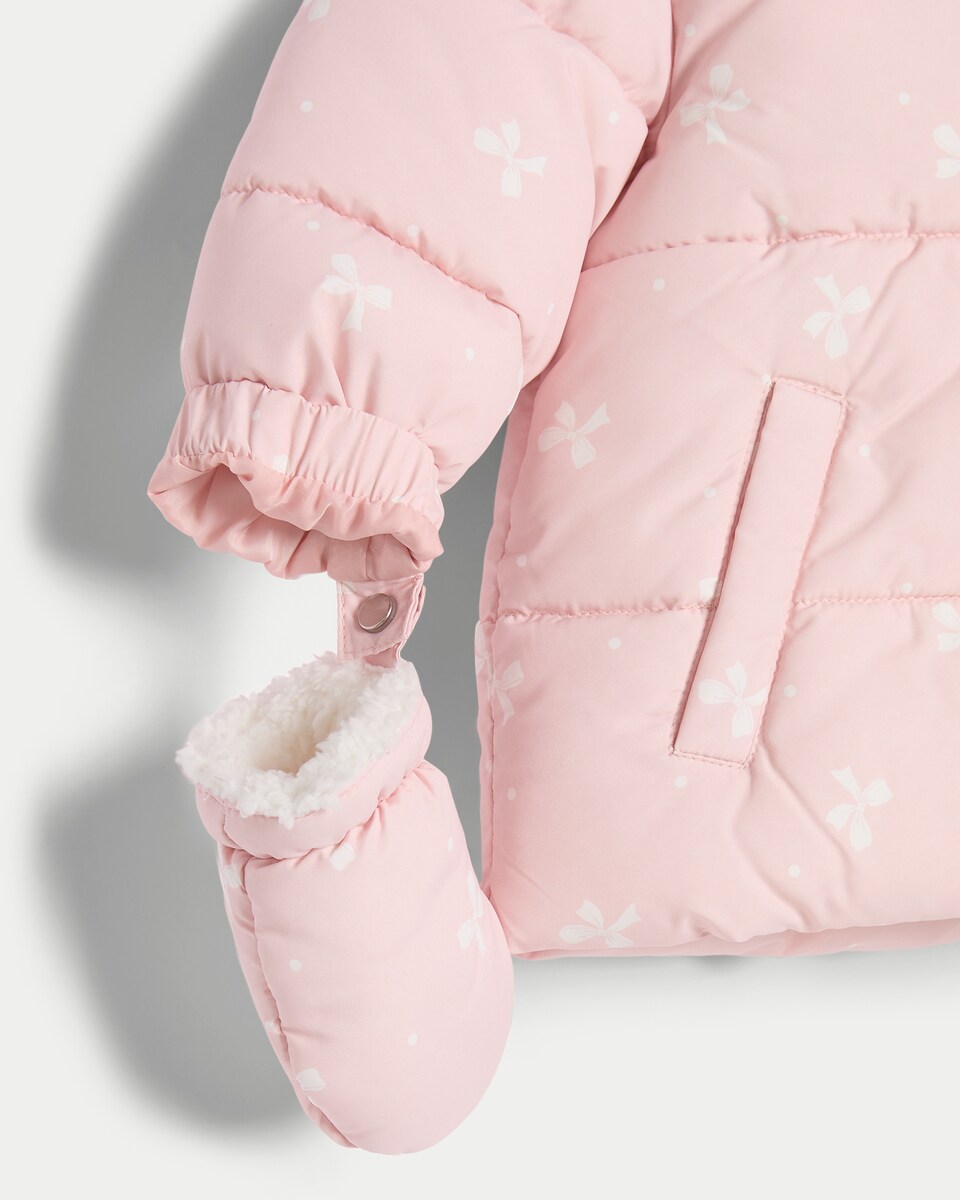 image 1 of F&F Baby Bow Print Shower Resistant Puffer Jacket with Mittens in Pink
