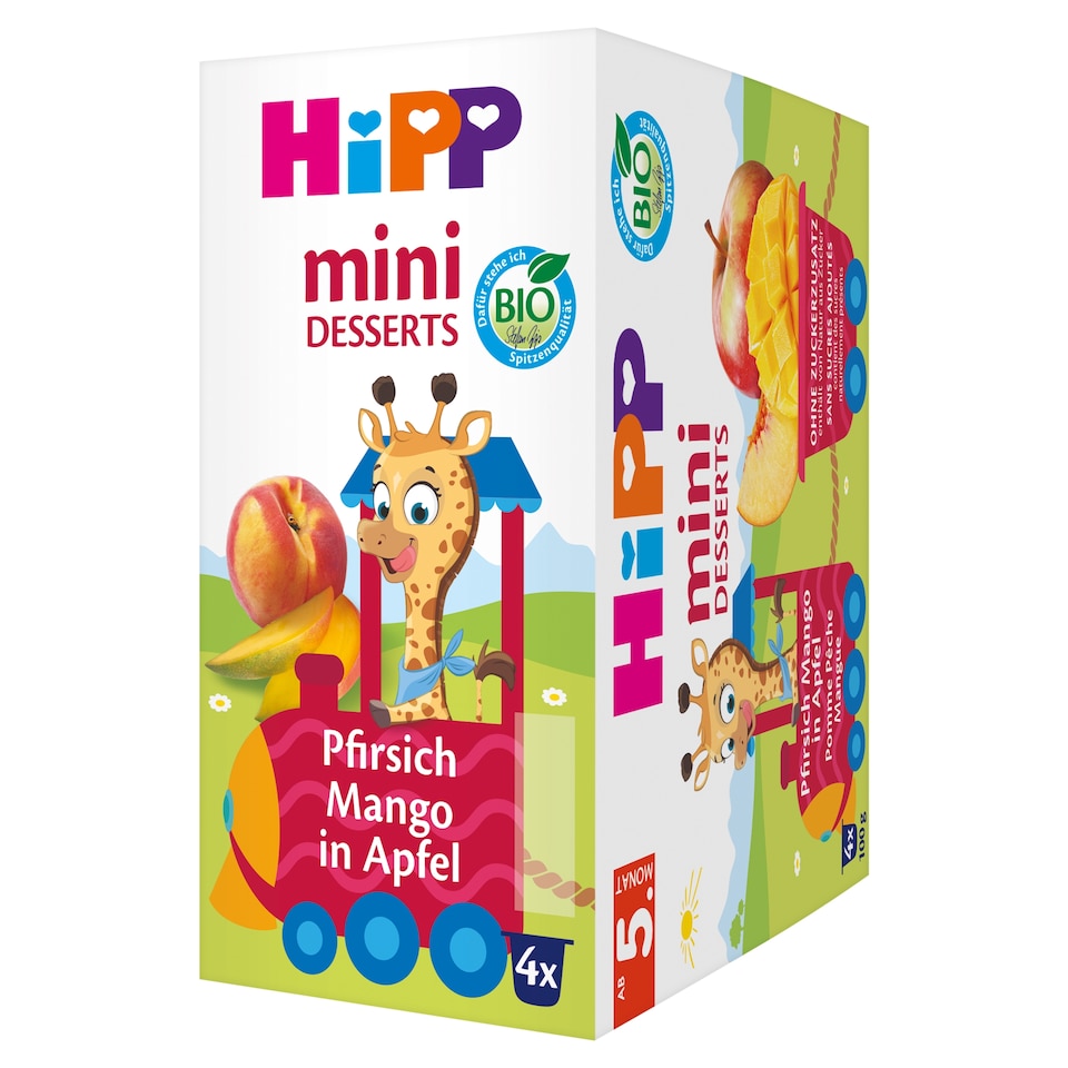 HiPP Peach Mango Apple Organic Fruit Preparation Baby Dessert 4+ Months 4 x 100 g (400 g)