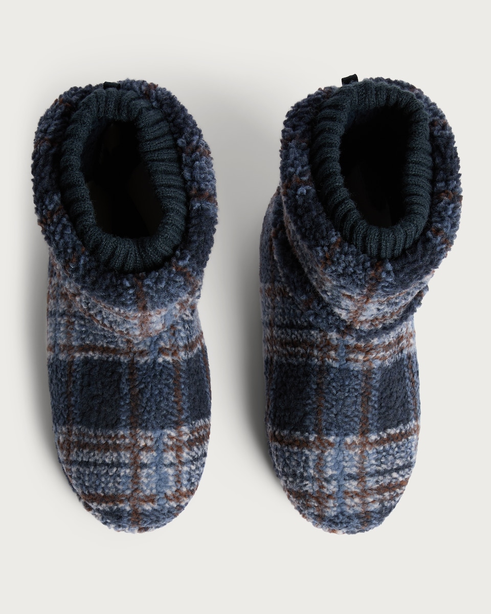 image 1 of F&F Fleece Check Print Boot Slippers in Navy