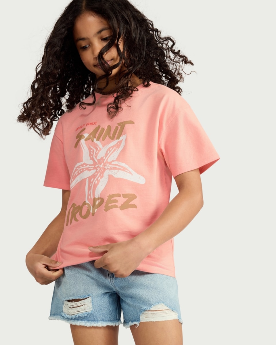 image 1 of F&F Girls Pure Cotton Saint Tropez Slogan T-Shirt in Coral