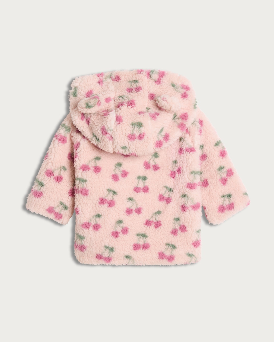 image 1 of F&F Baby Borg Textured Cherry Print Hooded Jacket in Pink