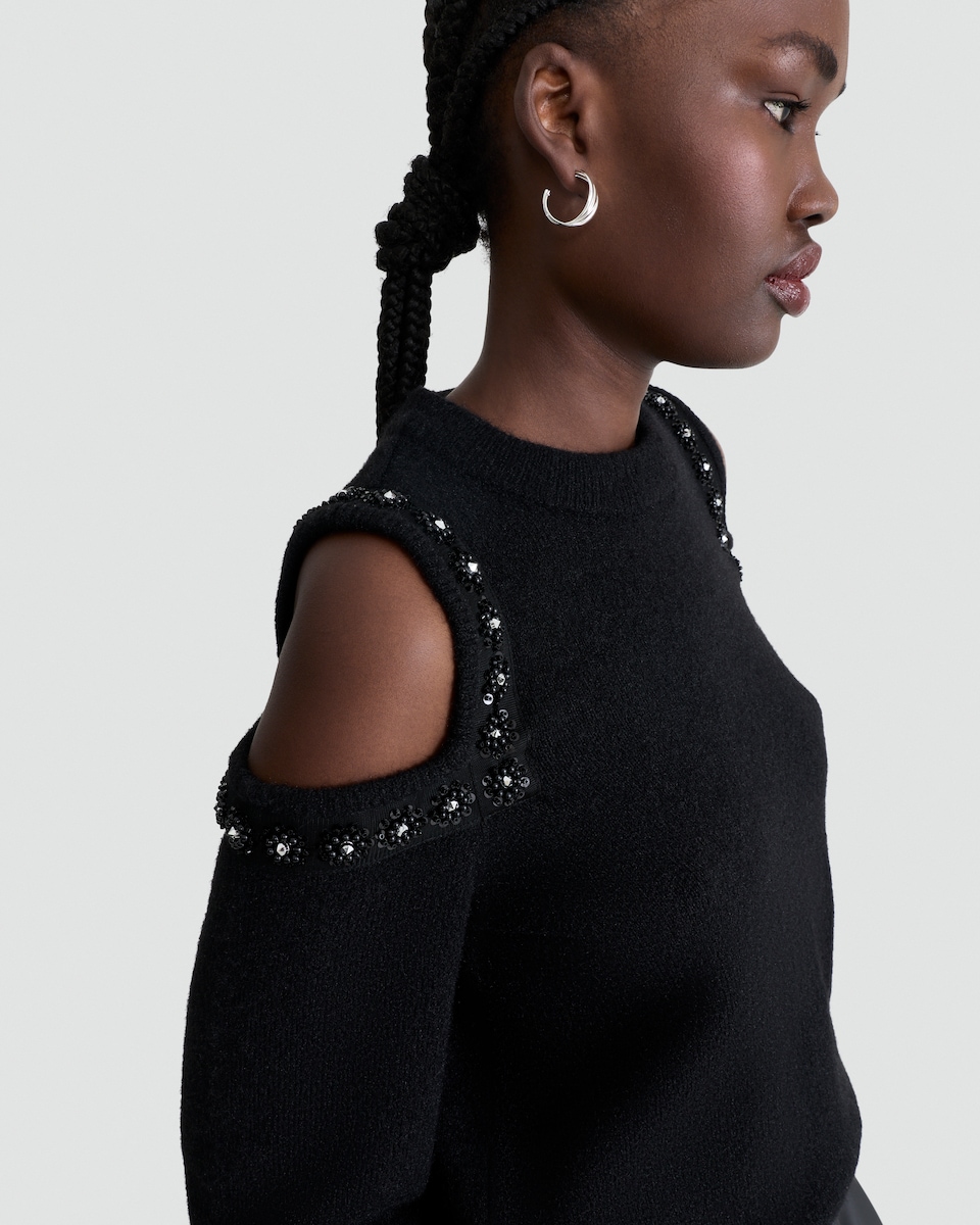 image 1 of F&F Cold Shoulder Sequin Embellished Jumper with Wool in Black