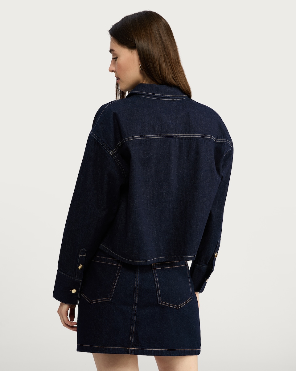 image 1 of The F&F Edit Denim Cropped Pocket Detail Co-ord Shirt in Navy