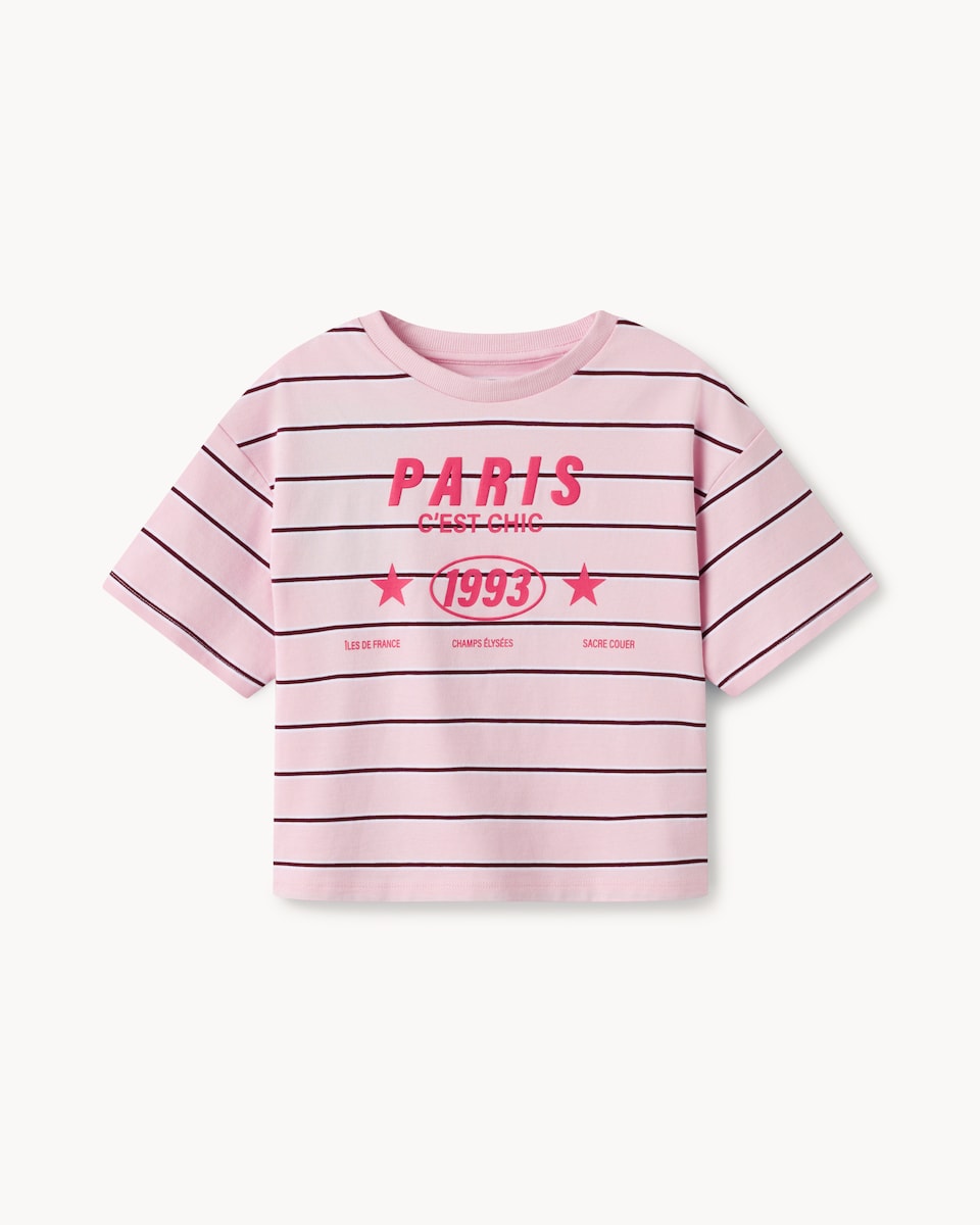 image 1 of F&F Girls Pure Cotton Striped Slogan T-Shirt in Pink