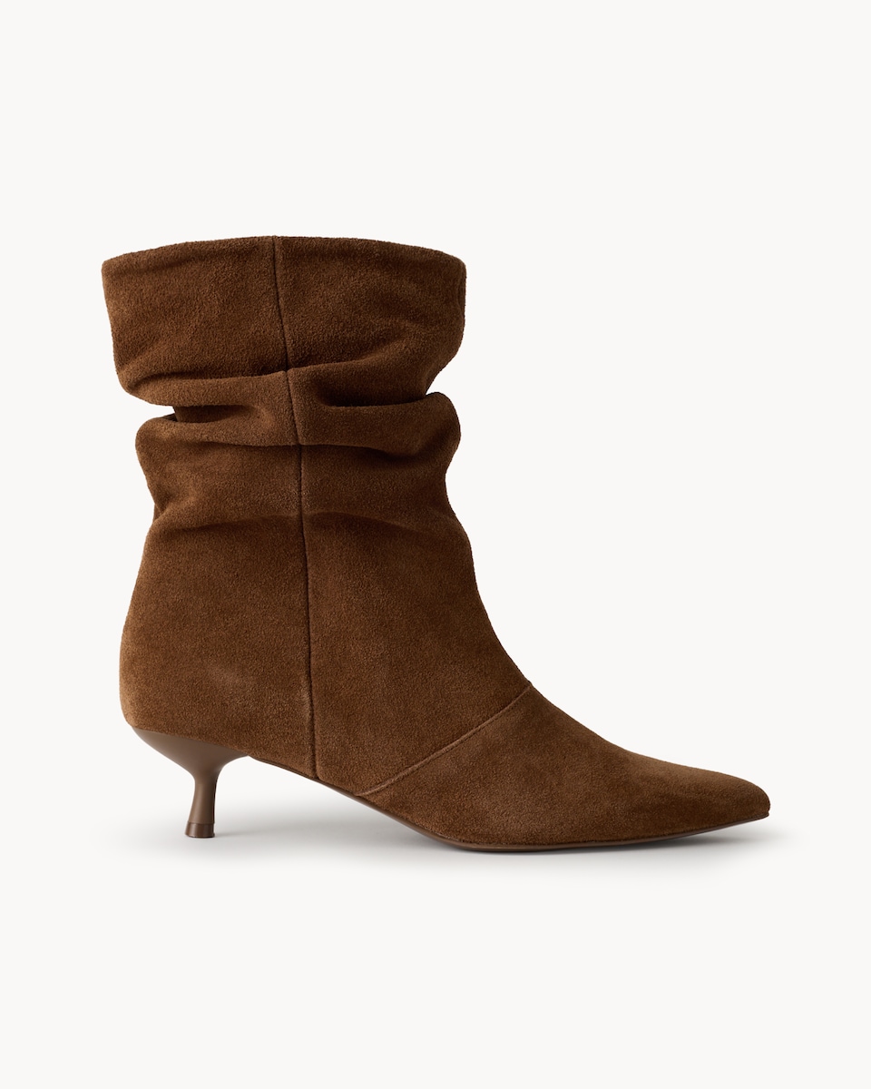 image 1 of SACHA Suede Kitten Heel Slouchy Boots in Brown