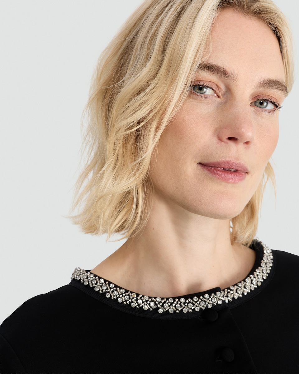 image 1 of The F&F Edit Ponte Embellished Collar Buttoned Top in Black