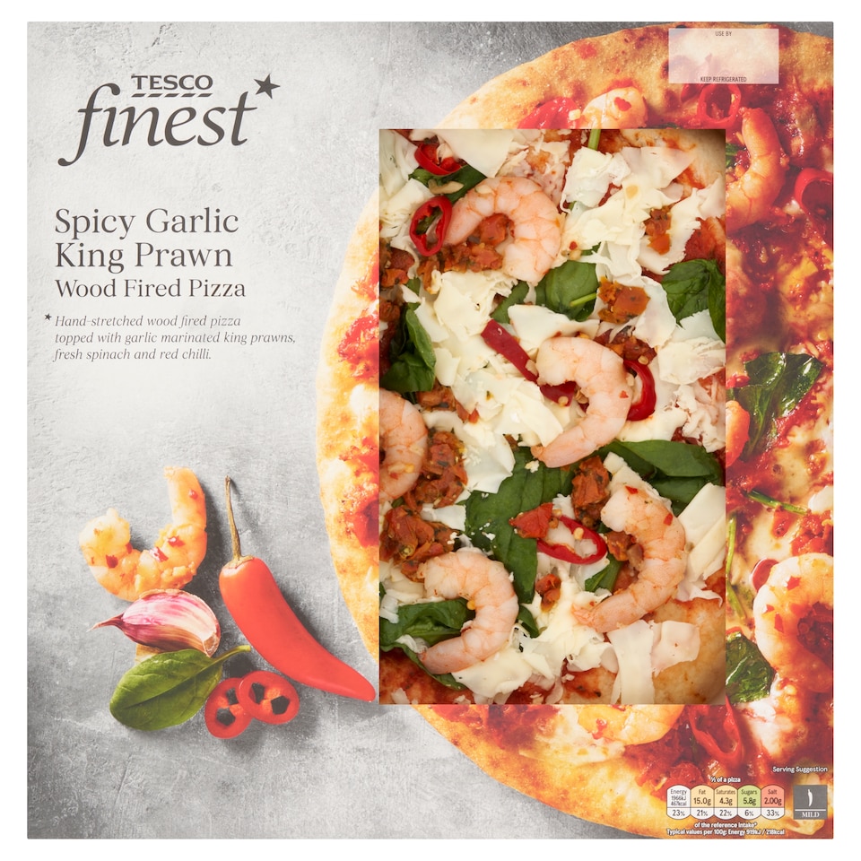 Tesco Finest Spicy Garlic King Prawn Pizza 450G