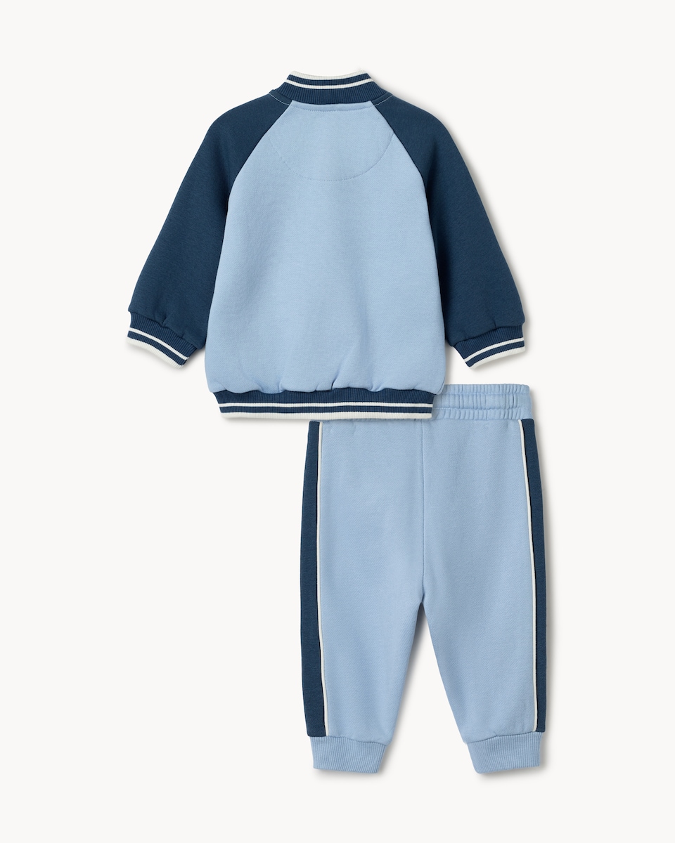 image 1 of F&F Baby 3-Piece Cotton Rich Varsity Bomber Jacket, Top and Joggers Set in Navy