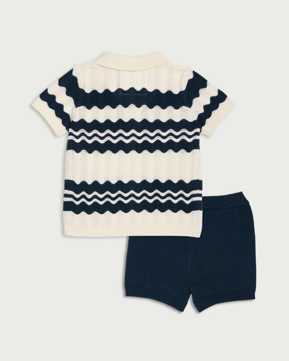 image 1 of F&F Baby 2-Piece Pure Cotton Knitted Zigzag Shirt and Shorts Set in Blue