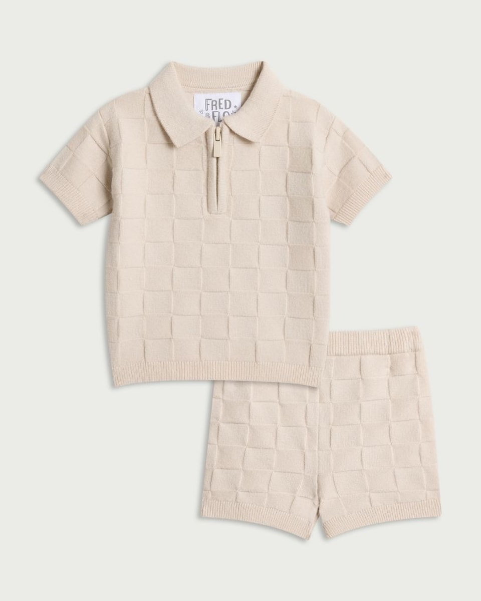 image 1 of F&F Baby 2-Piece Textured Knit Polo Shirt and Shorts Set in Stone