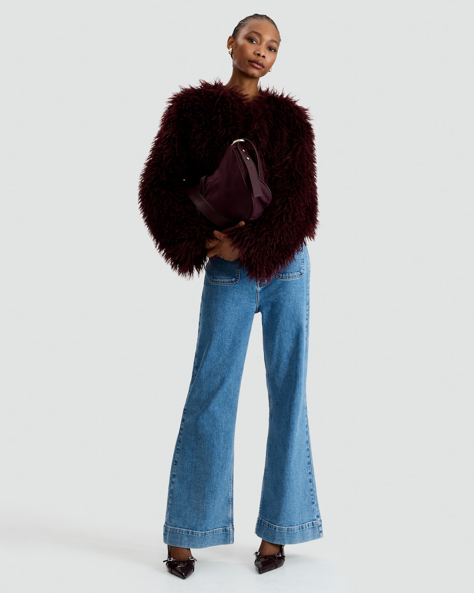 image 1 of The F&F Edit Faux Fur Cropped Jacket in Burgundy