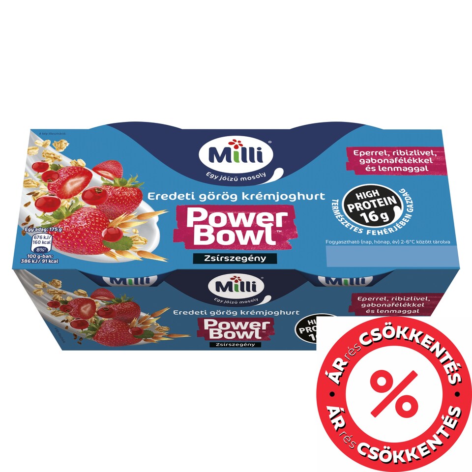 Milli Power Bowl zsírszegény eredeti görög krémjoghurt eperrel, ribizlivel 2 x 175 g (350 g)