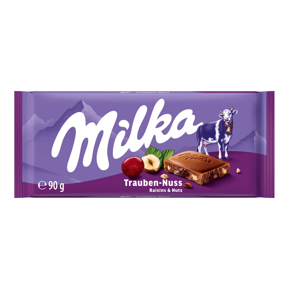 Milka alpesi tej felhasználásával készült tejcsokoládé mazsolával és mogyoródarabokkal 90 g