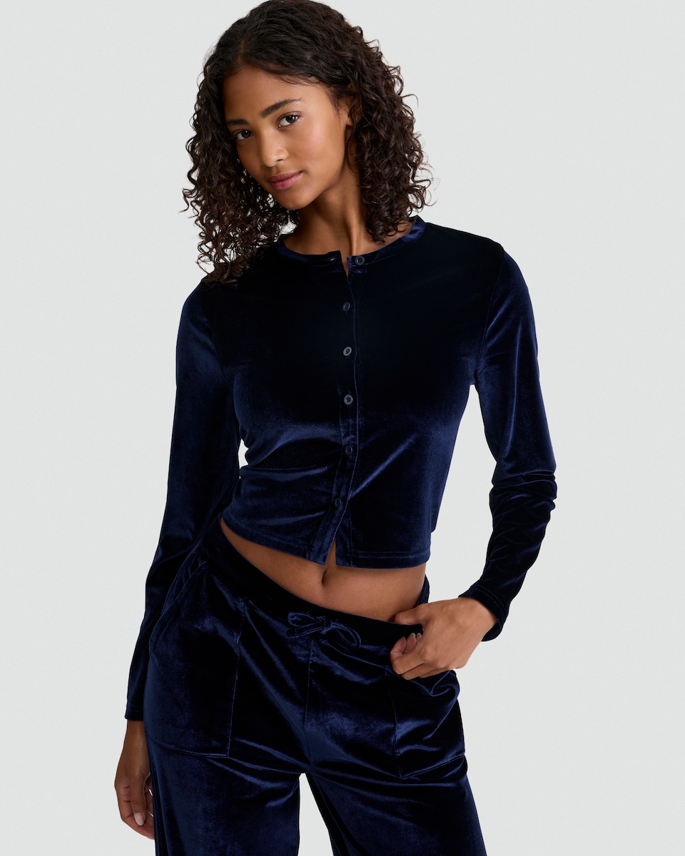 image 1 of OH ME OH MY Velvet Cropped Button Up Cardigan in Navy