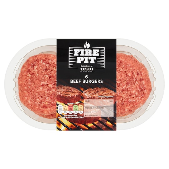 Tesco Fire Pit 6 Beef Burgers 730G Tesco Groceries