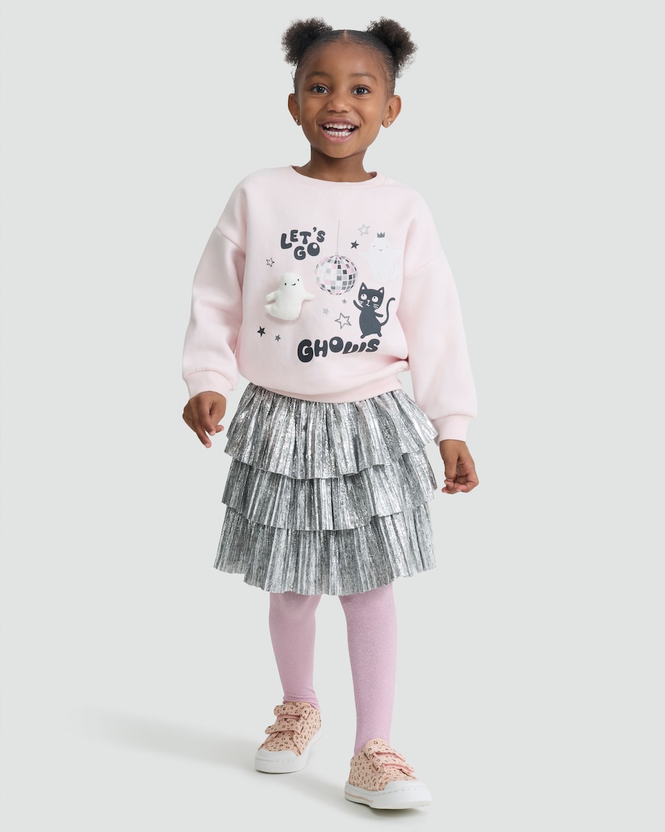 image 1 of F&F Girls 3-Pack Let's Go Ghouls Sweatshirt, Skirt and Scrunchie in Multi Pink
