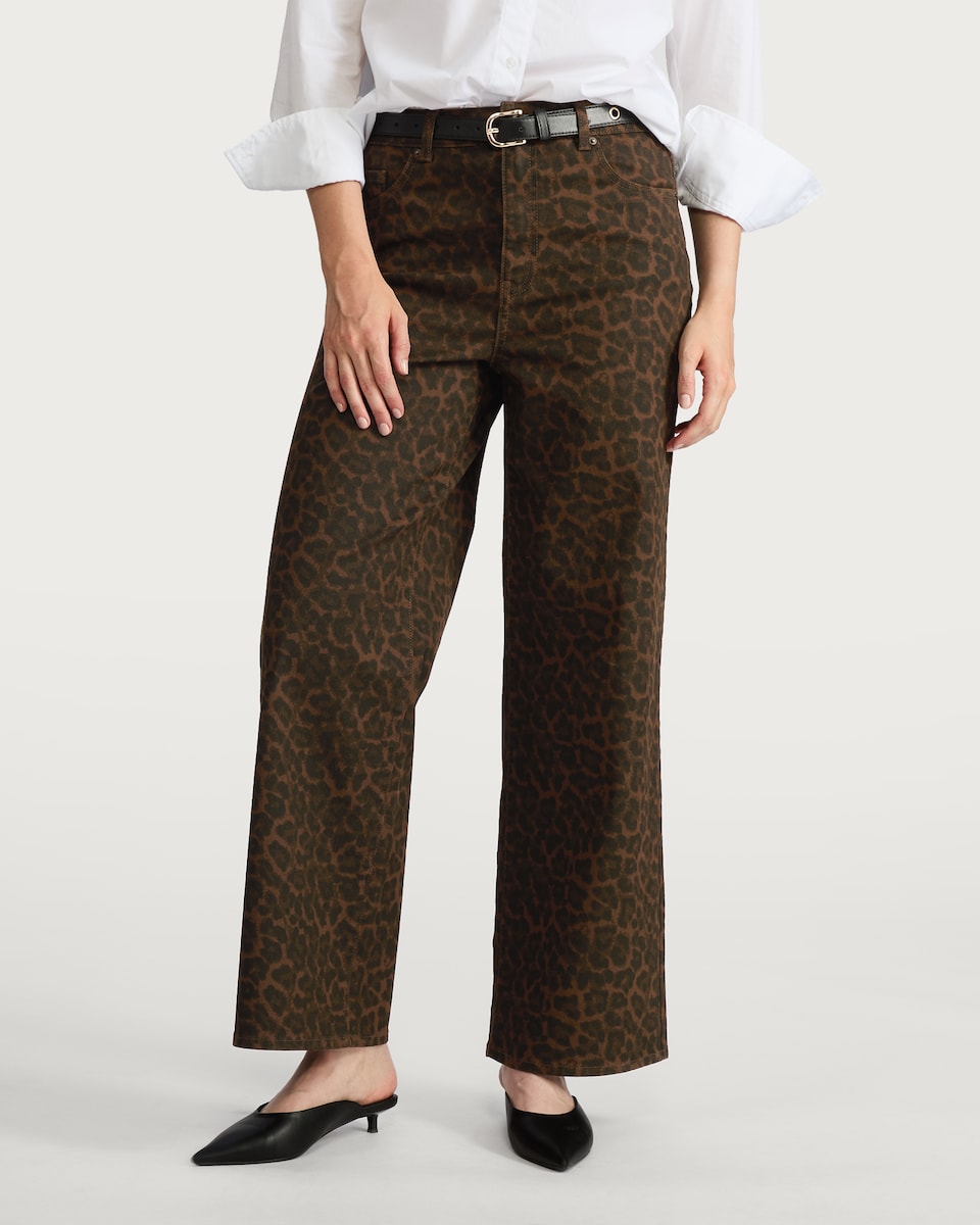image 1 of The F&F Edit Leopard Print Wide Leg Jeans in Brown