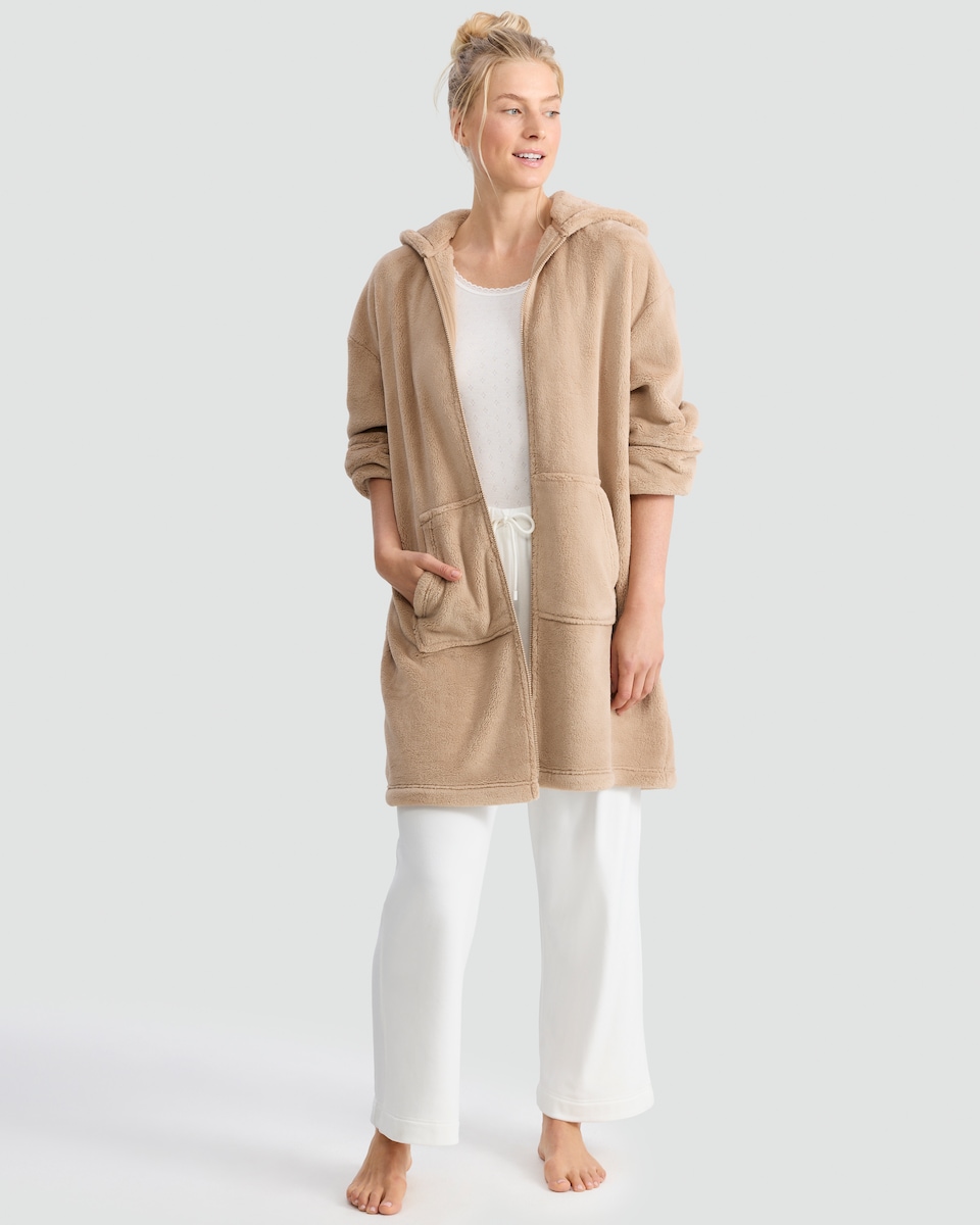 image 1 of F&F Fleece Hooded Zip Up Dressing Gown in Camel
