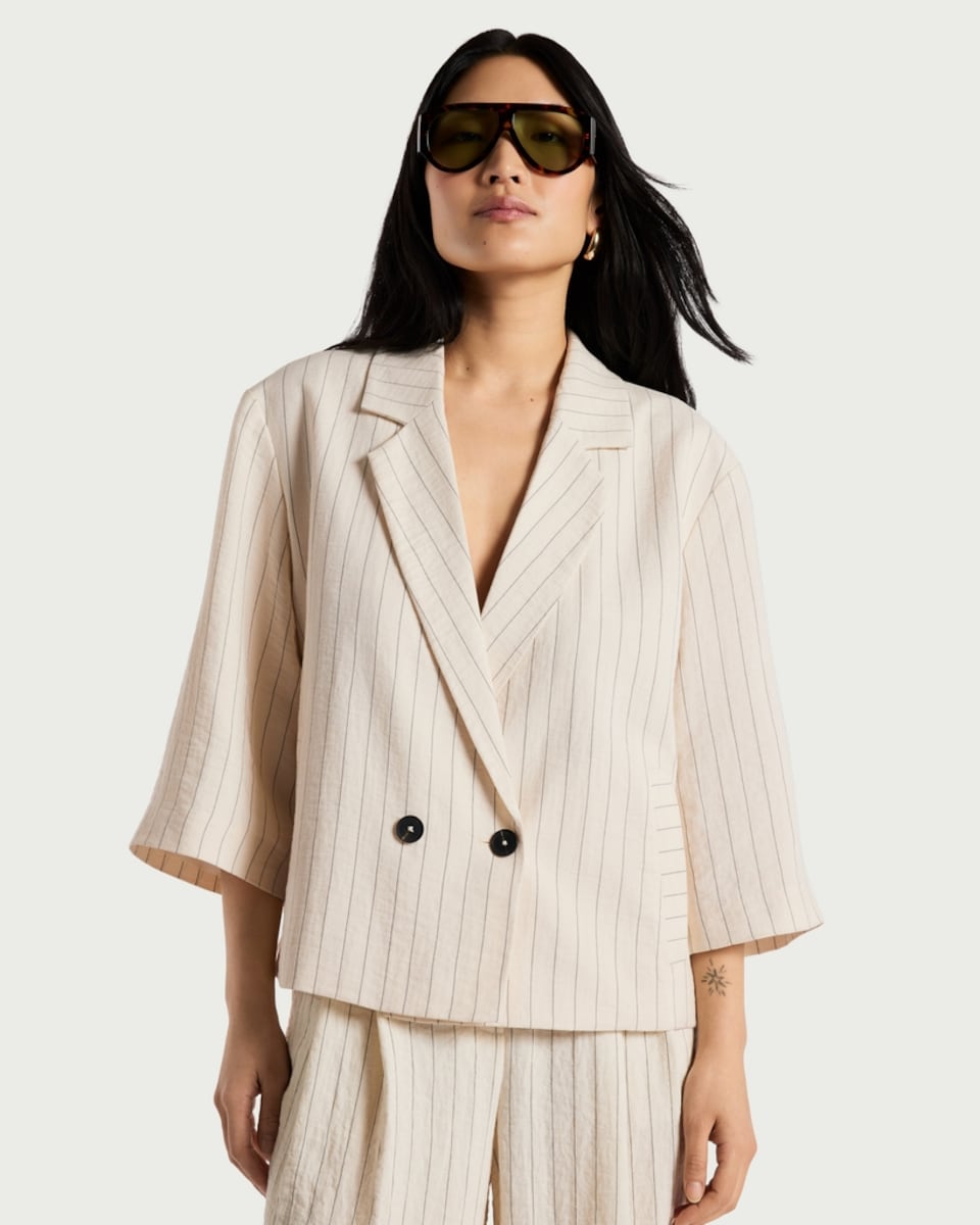 image 1 of F&F Double Breasted Pinstripe Co-ord Blazer in Ecru