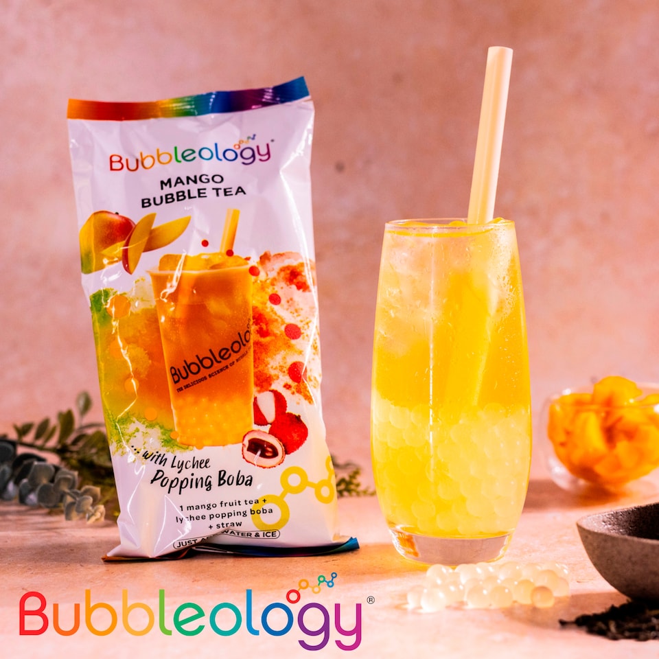image 1 of Bubbleology Mango Bubble Tea with Lychee Popping Boba 102.5g + 35ml